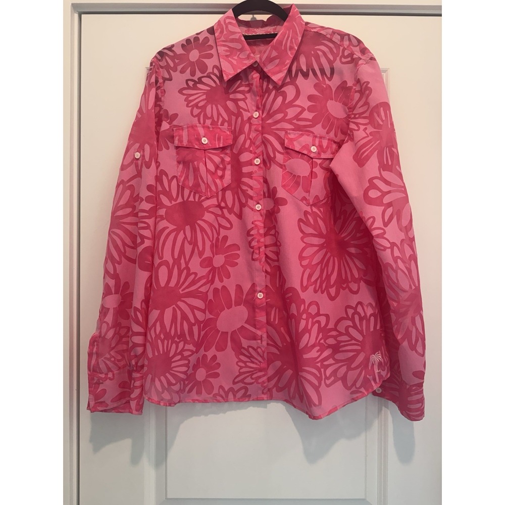 Lilly Pulitzer Pink Shirt Resort Fit Button Up Floral Sheer Beach Sz XL - Picture 2 of 12